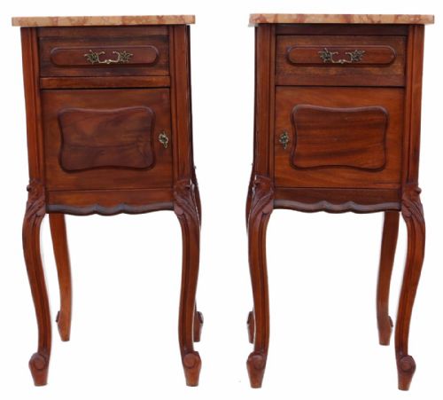 Pair of French Walnut Marble Bedside Tables