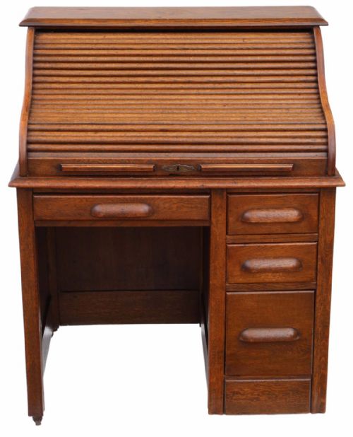 Single Pedestal Oak Roll Top Desk Writing Table