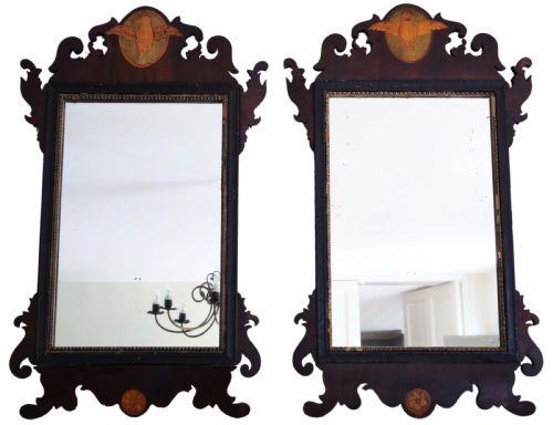 Matched Pair of Georgian Inlaid Fret Cut Mahogany Wall Mirrors