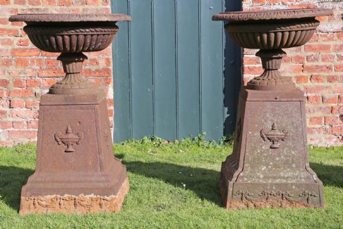 Pair of Victorian Cast Iron Planters Classical Urns on Plinths
