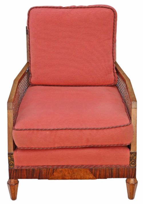 Art Deco Burr Walnut & Rosewood Bergere Armchair