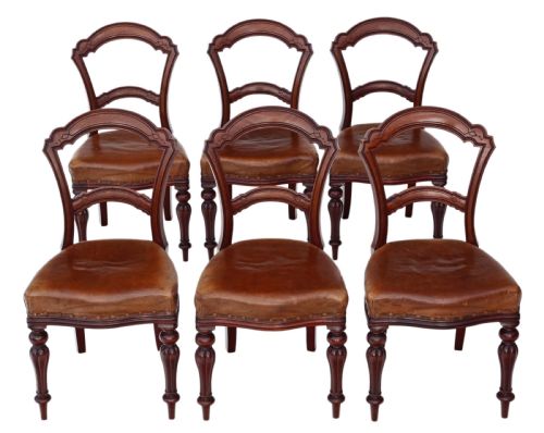 Set of 6 Victorian C1880 Walnut Leather Balloon Back Dining Chairs