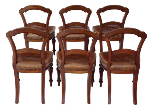 fig 1. Set of 6 Victorian C1880 walnut leather balloon back dining chairs