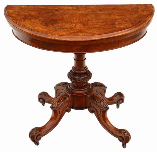 Victorian C1860 Burr Walnut Folding Demi-lune Card Table