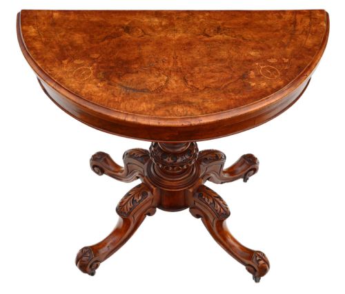fig 1. Victorian C1860 burr walnut folding demi-lune card table 