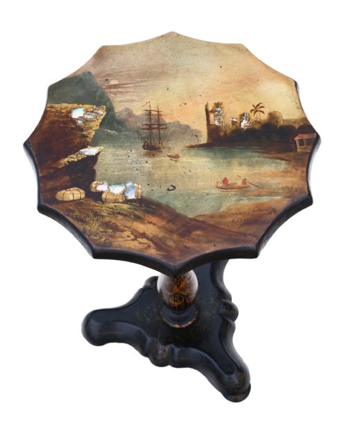 fig 1. Victorian hand decorated papier mache tilt top tea table