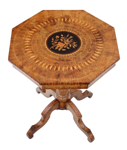 fig 1. Victorian satinwood walnut marquetry tilt top tea table