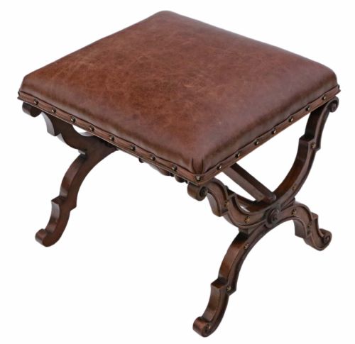 Victorian Walnut Leather X-frame Stool