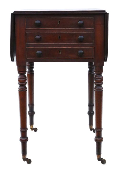 fig 1. 19th Century mahogany three drawer drop leaf work table 