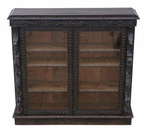 Victorian C1900 Carved Oak Glazed Bookcase