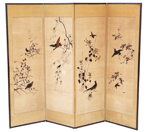 Victorian Chinoiserie Birds Oak Framed Dressing Screen