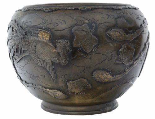 Antique Large Oriental Early 20c Bronze Jardiniere Planter Bowl
