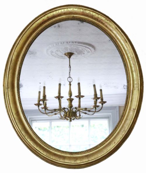 Antique Large Fine Quality Oval 19th Century Gilt Overmantle Wall Mirror