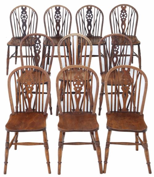 Antique Harlequin Set of 10 Ash Elm & Beech Kitchen Dining Chairs 19th Century