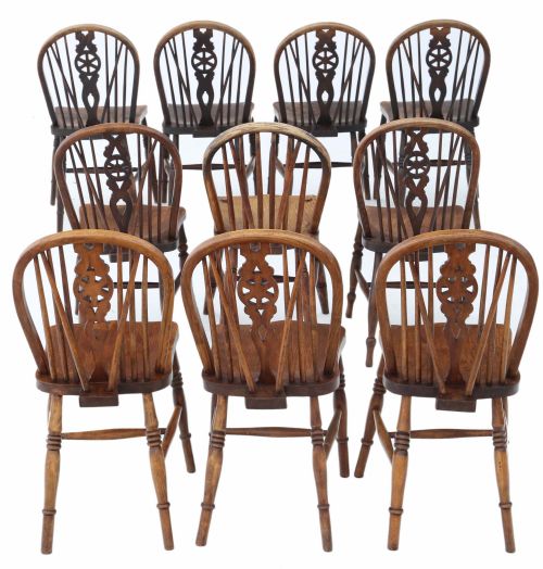 fig 1. Antique harlequin set of 10 ash elm & beech kitchen dining chairs 19th Century