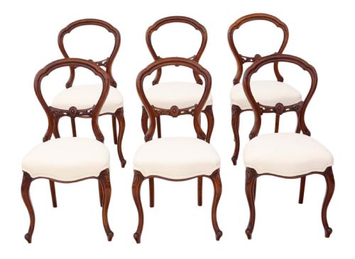 Antique Set of 6 Victorian C1870 Walnut Balloon Back Dining Chairs