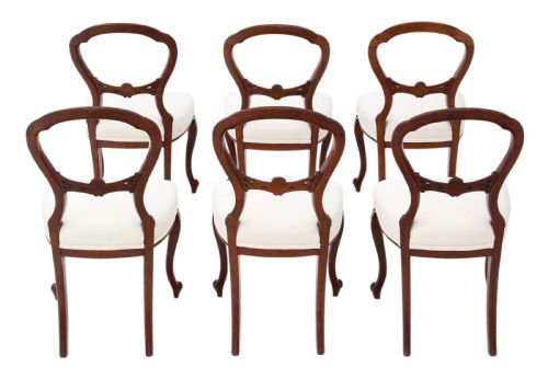 fig 1. Antique set of 6 Victorian C1870 walnut balloon back dining chairs