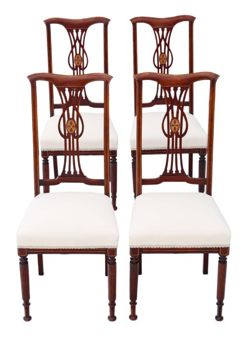 Antique Set of 4 Victorian C1900 Art Nouveau Inlaid Mahogany Dining Chairs