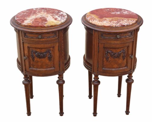 Pair of French Oak Cylindrical Bedside Tables Cupboards Marble