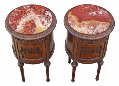 fig 1. Pair of French oak cylindrical bedside tables cupboards marble