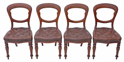 Set of 4 Victorian Mahogany Leather Balloon Back Dining Chairs