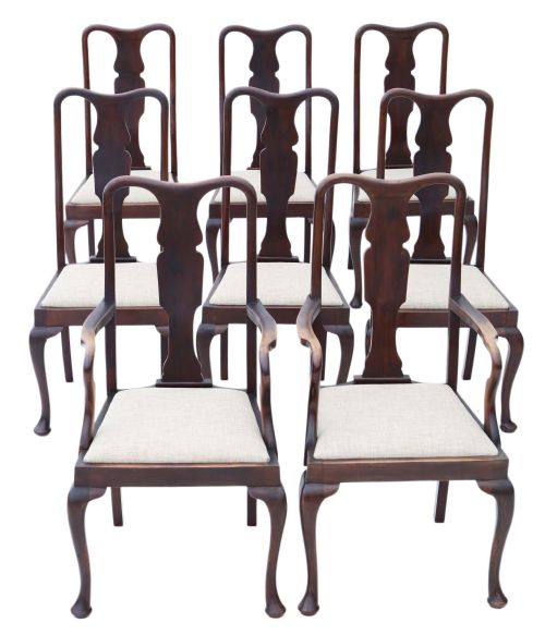 Set of 8 (6+2) Mahogany Queen Anne Revival Dining Chairs