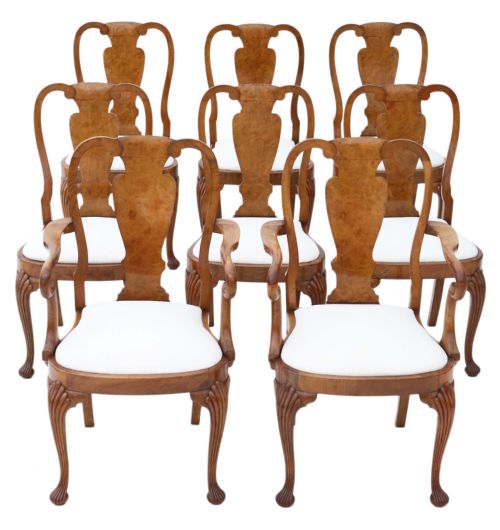 Set of 8 (6+2) Burr Walnut Queen Anne Revival Dining Chairs
