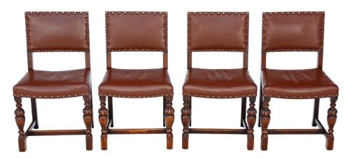 Set of 4 C1920 Oak and Leather Dining Chairs Jacobean Revival