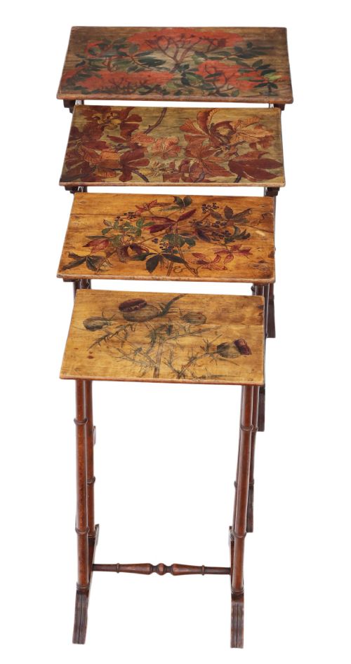 19th Century Decorated Beech Nest of 4 Side Tables Occasional