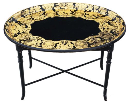 VICTORIAN DECORATED BLACK LACQUER TRAY ON STAND COFFEE TABLE