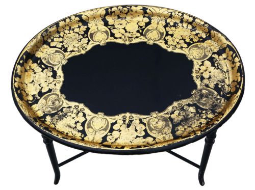 fig 1. Victorian decorated black lacquer tray on stand coffee table