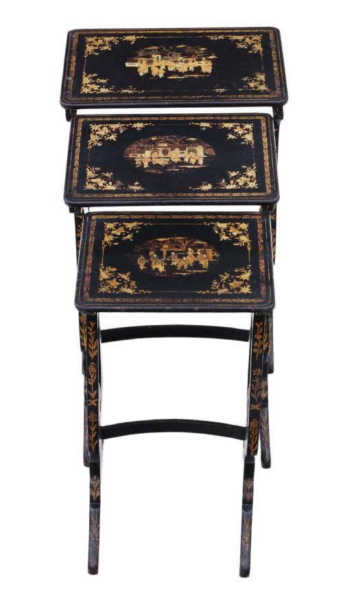 Victorian Chinoiserie Nest of 3 Decorated Black Lacquer Tables