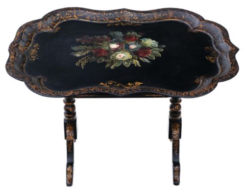 Victorian Tilt Top Decorated Black Lacquer Tray Top Table