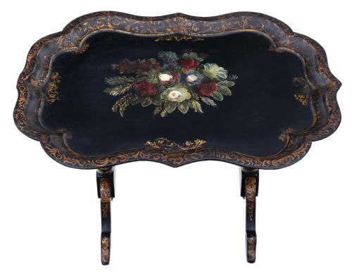 fig 1. Victorian tilt top decorated black lacquer tray top table