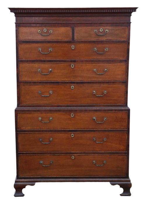 Georgian Crossbanded Oak Tallboy Chest on Chest of Drawers