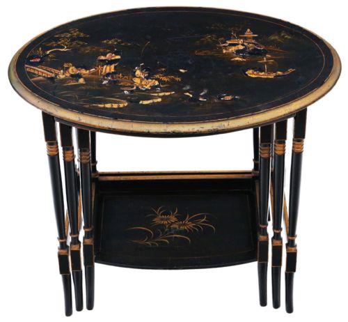 Victorian Oriental Chinoiserie Nest of 3 Decorated Black Lacquer Tables
