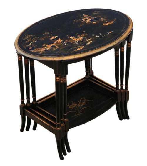 fig 1. Victorian oriental Chinoiserie nest of 3 decorated black lacquer tables