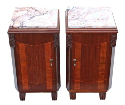 Pair of Art Deco Marquetry and Marble Bedside Tables