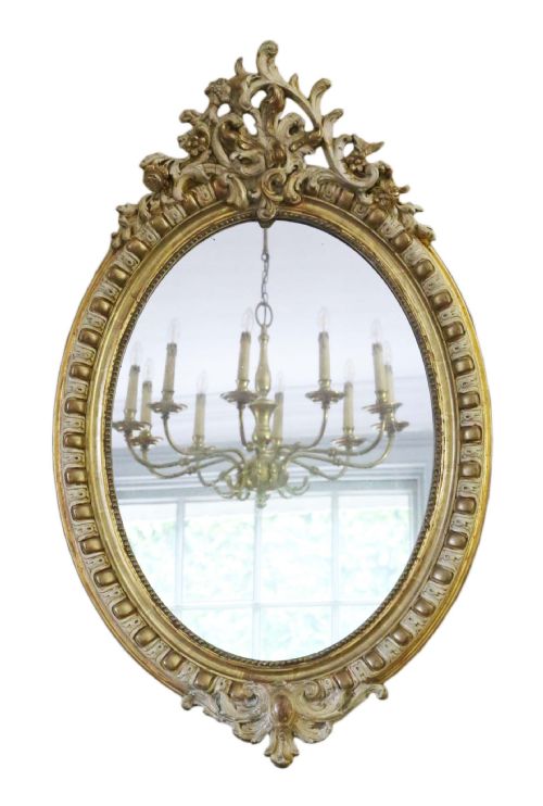 Large 19th Century Oval Gilt and Cream Decorated Overmantle Wall Mirror