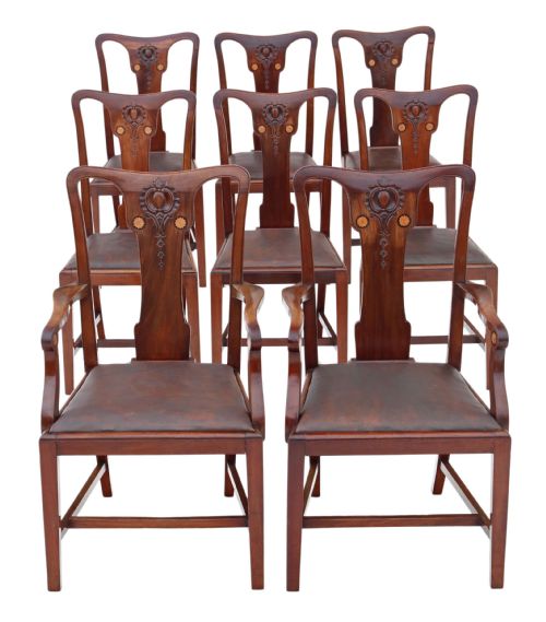 Set of 8 (6+2) Inlaid Mahogany Dining Chairs Art Nouveau