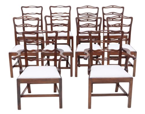Set of 10 (8+2) Mahogany Georgian Ribbon Back Dining Chairs