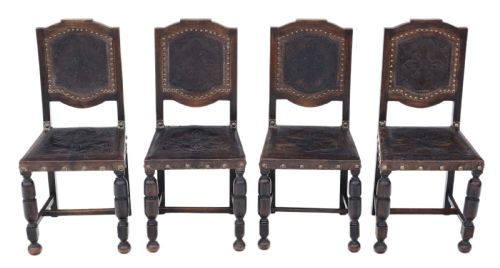 Set of 4 19th Century Portuguese Oak and Leather Dining Chairs