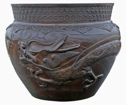 Antique Fine Quality Large Oriental Japanese Bronze Jardinière Planter Meiji Period 19th Century Dragon