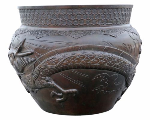 fig 1. ANTIQUE FINE QUALITY LARGE ORIENTAL JAPANESE BRONZE JARDINIÈRE PLANTER MEIJI PERIOD 19TH CENTURY DRAGON
