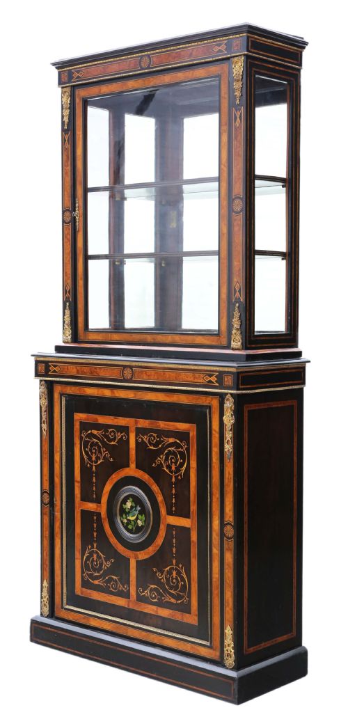 Antique Fine Quality Amboyna and Ebonised 2-Part Pier Display Cabinet Aesthetic