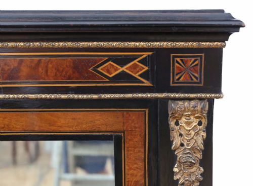 fig 1. ANTIQUE FINE QUALITY AMBOYNA AND EBONISED 2-PART PIER DISPLAY CABINET AESTHETIC