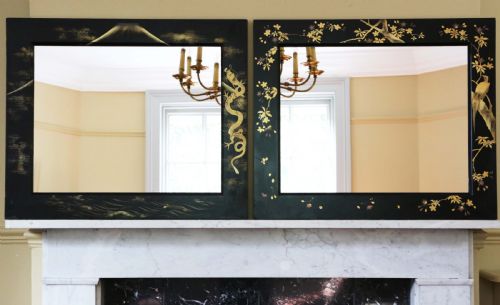 Antique Large Quality Pair of Black Lacquer Japanese Decorated Wall Mirrors C1910