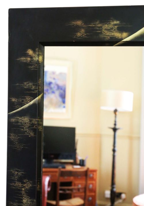 fig 1. ANTIQUE LARGE QUALITY PAIR OF BLACK LACQUER JAPANESE DECORATED WALL MIRRORS C1910