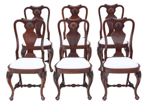 Antique Fine Quality Set of 6 Queen Anne Revival Mahogany Dining Chairs C1900