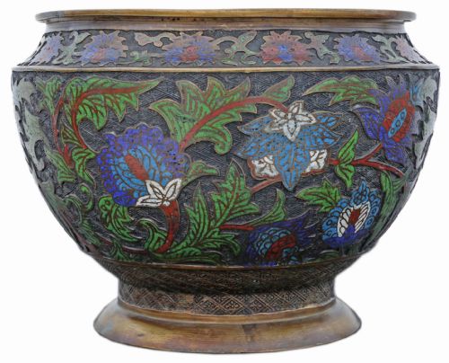 Antique Large Quality Oriental Japanese Bronze Champleve Enamel Planter C1910 Meiji Period